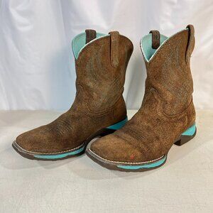 Ariat Anthem Brown Teal Western Cowboy Boot Youth Size 4 Pull On Square Toe